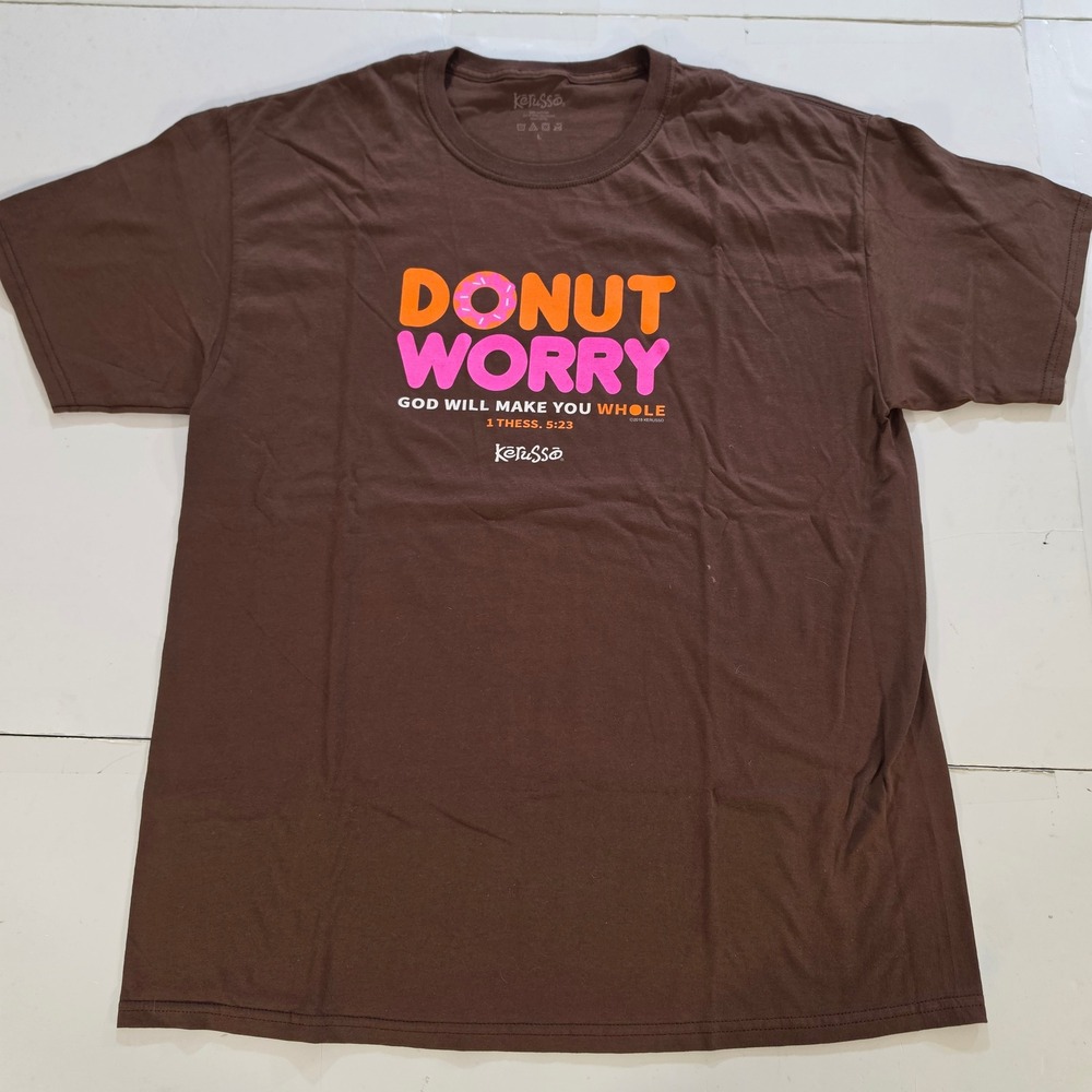Kerusso Donut Worry Christian Graphic T-Shirt Brown Large 1 Thess 5:23 Parody